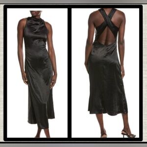 O. P. T. Black Satin Midi Dress w/ Back Cutout & Ruched Sides - Size 8
